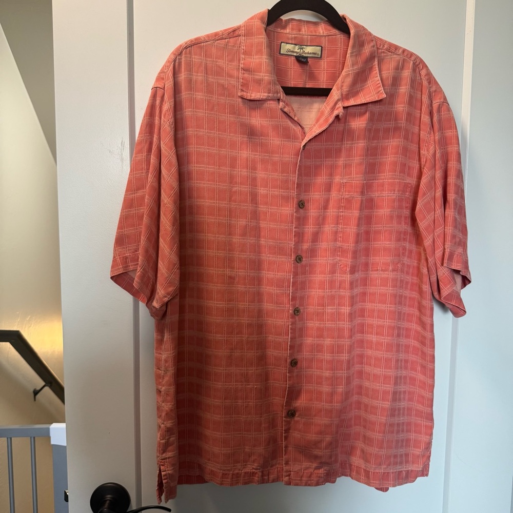 Tommy‎ Bahama 100% Silk Windowpane Textured Peach Orange Button Down Shirt Plaid